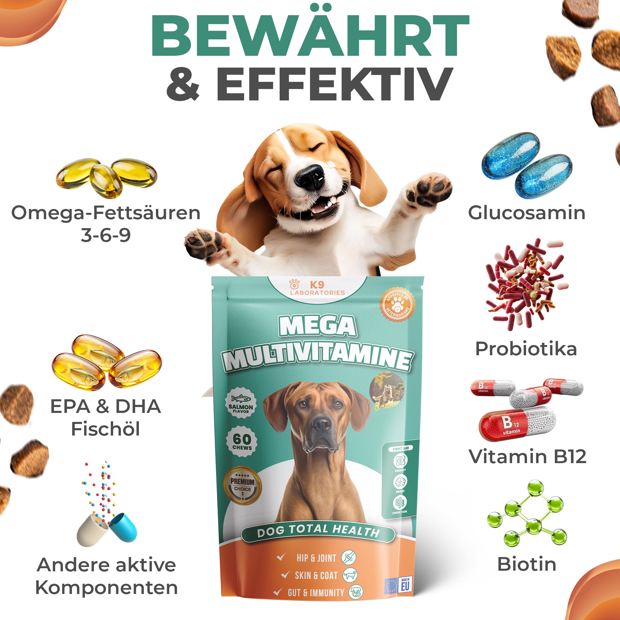 Mega Multivitamine Kausnack - Power für jeden Tag - Kraftpaket für Fell, Knochen & Herz